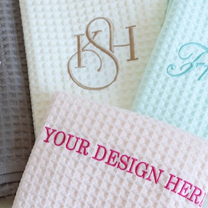 Personalized bath towels with embroidered text/design, customized embroidered waffle pattern bath towels, birthday and anniversary gifts