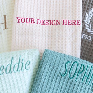 Customized embroidered waffle patterned bath towels, personalized bath towels with embroidered text/design, birthday and anniversary gifts