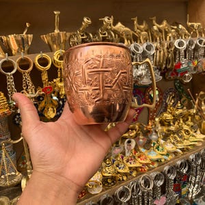Handcrafted Moroccan Copper Cup with Brass Handle – Engraved Traditional Design