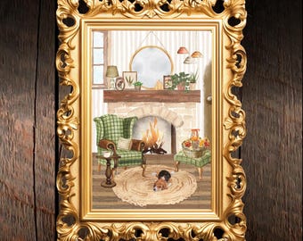 Cozy cottage fall fireplace digital print instant download