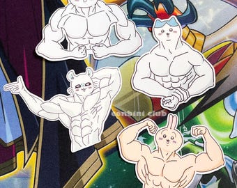 May include: Four cartoon animal stickers with muscular bodies. The stickers are white with black outlines and feature a rabbit, a cat, a hamster, and a squirrel. The stickers are on a colorful background.