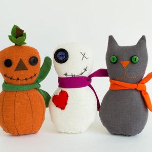 Poppen naaipatronen PDF Halloween decor Goth speelgoed Voodoo Pompoen Kat Lappenpop tutorial herfst Kid craft diy Knuffels Monster Zachte poppen