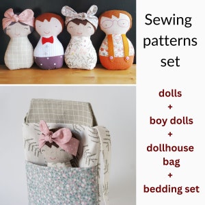 Patrón de costura de muñeca PDF Boy muñeca Juguetes de viaje Juego set Dollhouse Bolsa Ropa de cama de juguete Muñeca de trapo tutorial Tela Muñecas suaves Juguete hecho a mano