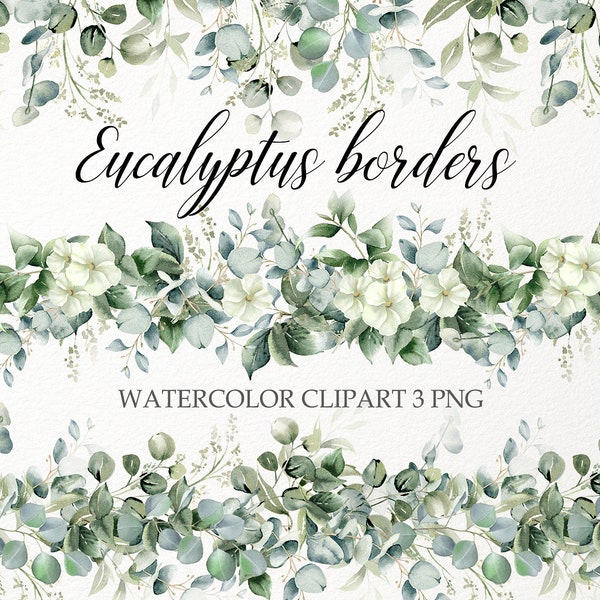 Watercolor eucalyptus border clipart. Greenery seamless design. Sage green leaves garland PNG. Floral wedding invitation, bridal shower 001