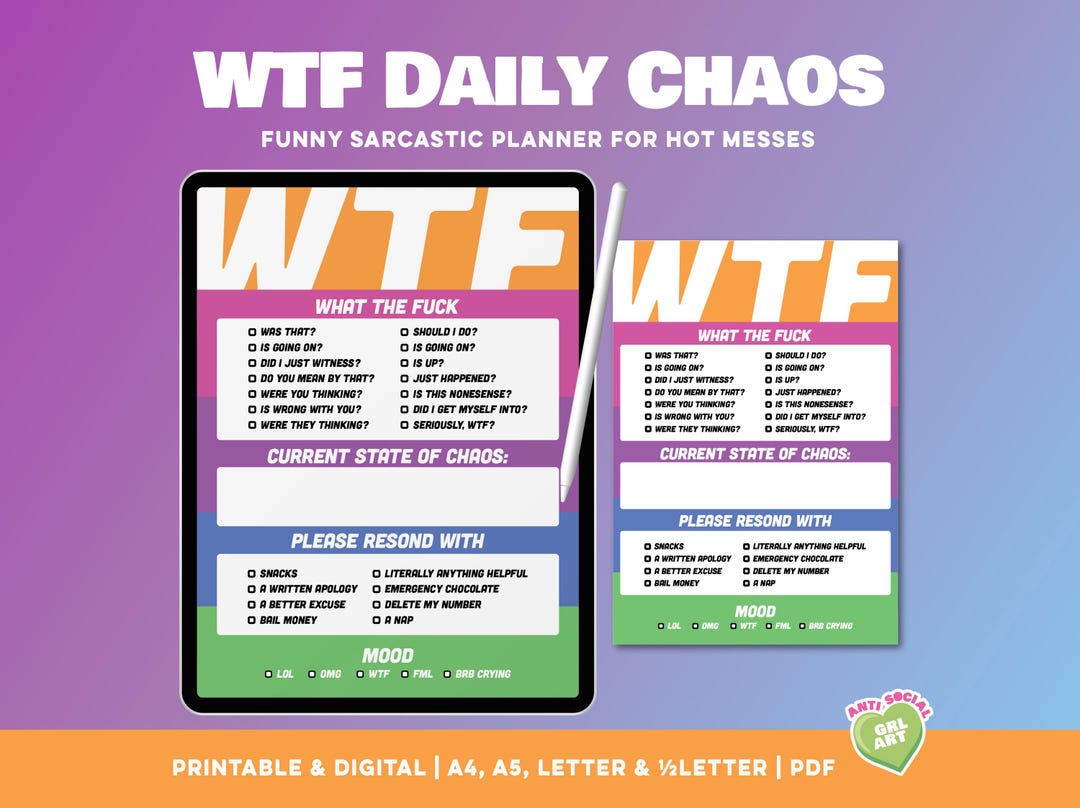 WTF Daily Chaos Notepad: Funny Sarcastic Planner, Printable Digital ...