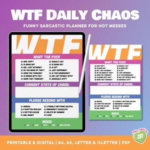 Bloco de Notas WTF Daily Chaos | Agenda Engraçada e Sarcástica para Bagunças Quentes | PDF para Imprimir | A4, A5, Carta e Meia Carta