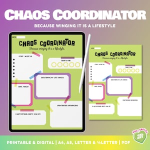 Planificador diario de Chaos Coordinator / Planificador imprimible / Herramienta de organización divertida y sarcástica / PDF imprimible / A4, A5, carta y media carta
