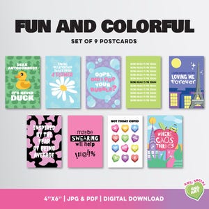 Cartes postales amusantes et colorées | Lot de 9 | Ensemble imprimable amusant et coloré à envoyer ou à présenter | Téléchargement instantané | Imprimable 4 x 6 po - 10 x 15 cm