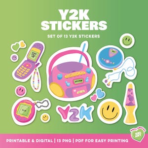 Juego de 13 pegatinas imprimibles Y2K / Archivos PNG y PDF de alta calidad con bordes de fácil corte / Tamaños A4 y carta