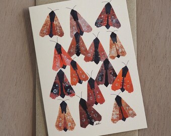 Bogong moths blank greeting card from monoprint collage art made by Emily Engel