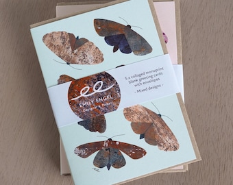 Monoprint Moth & Beetle Greeting Card Set: Emily Engel Collage Art