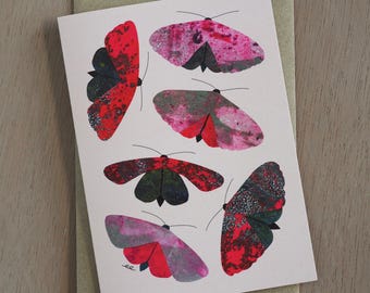 Moths 1 (pink) blank greeting card designed by Emily Engel from monoprint collage