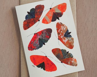 Moths 1 (orange) blank greeting card designed by Emily Engel from monoprint collage