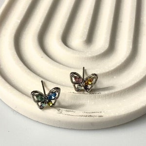 Rainbow Butterfly Stud Earrings | Stackable Butterfly Earrings, Butterfly CZ Screw Back Earrings