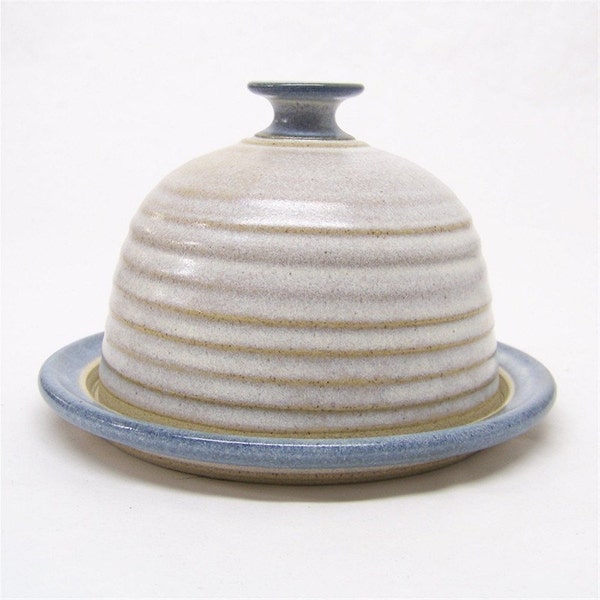 Butter Dish or Cheese Ball Server in Soft White and Blue
