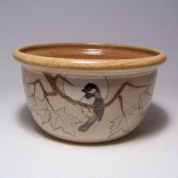 Chickadee and Maple Leaves Stoneware Serving Bowl 2quart Limited Series 17