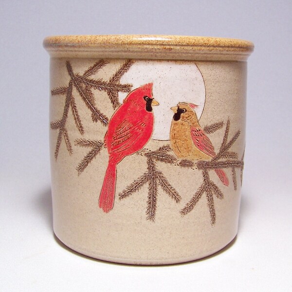 Cardinal Couple and Pine Pottery Utensil Holder Limited Series 38 (wide)