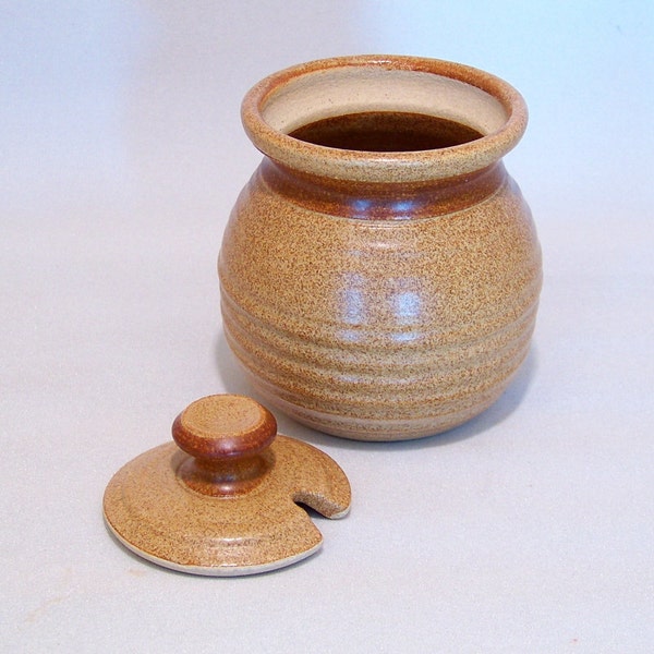Honey Pot and Sugar jar In Warm Brown with a Brown Stripe pottery lidded jar