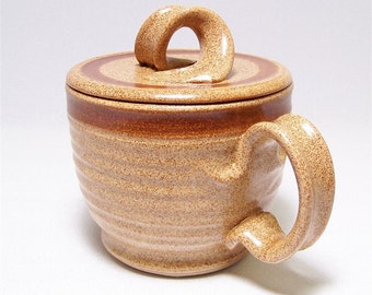 Lidded Pottery  Soup Mug in Warm Brown with a Brown Stripe (microwave safe)
