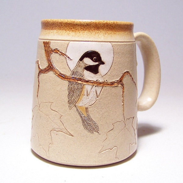 Black Capped Chickadee and Maple Leaf Large 16 oz Pottery Coffee  Mug Limited Series 101