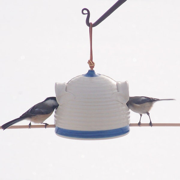 Pottery  Bird Feeder in Ocean Blue and Cream for Sunflower Seed Loving Birds