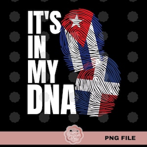 Op de afbeelding: Een grafisch ontwerp met de tekst "It's in my DNA" in witte letters. Twee vingerafdrukken worden getoond, een met de Cubaanse vlag en de andere met de vlag van de Dominicaanse Republiek.