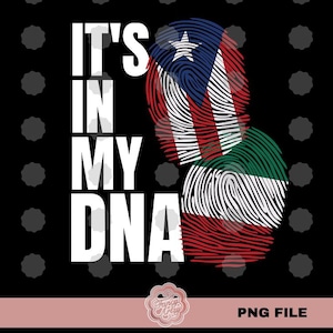 Puede incluir: Un diseño gráfico en blanco y negro con el texto "It's in my DNA" y dos huellas dactilares, una con la bandera de Puerto Rico y la otra con la bandera de Kuwait.