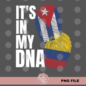 May include: A graphic design with the text "It's in my DNA" in white letters. The design features a fingerprint with the colours of the Cuban flag, red, white, and blue.