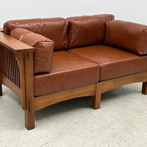 Arts And Crafts / Craftsman Crofter Style Love Seat - Russet Brown Leather