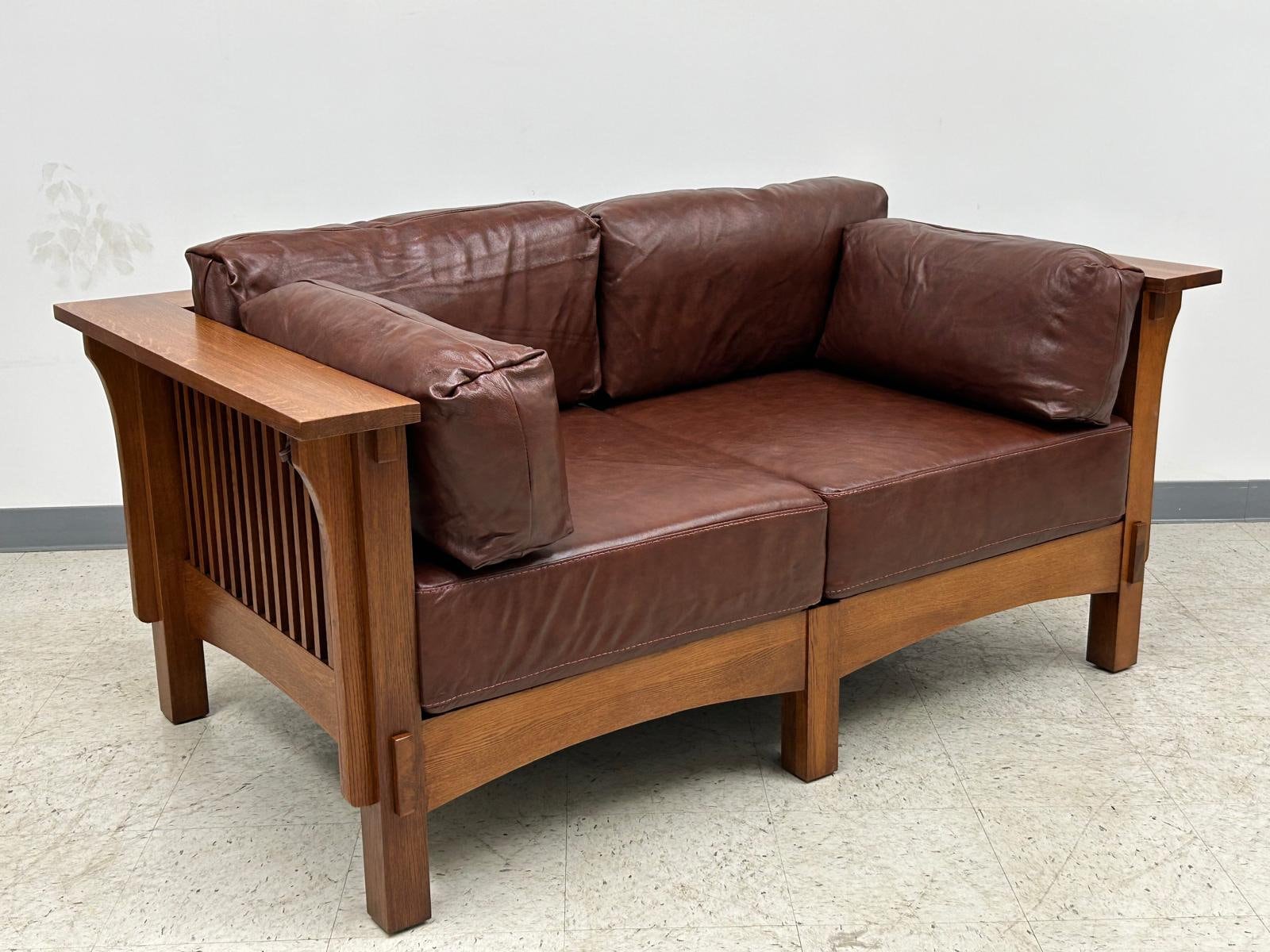 Arts and Crafts Craftsman Crofter Style Love Seat Chestnut Leather Etsy