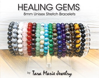 Stretch Beaded gemstone Healing Gem Bracelets. 8mm Round Stackable, Chemo Care Package Gift for Him or Her.  Layering, Yoga, Mala, Elastic