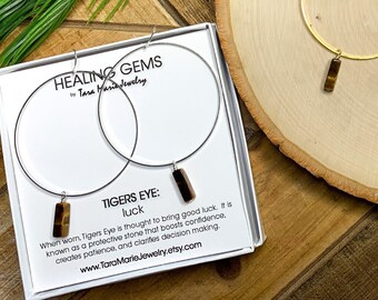 Large Dangle Hoop Earrings in Tigers Eye for Luck & Protection. Statement hoops available in silver or gold. Gift Boxed.