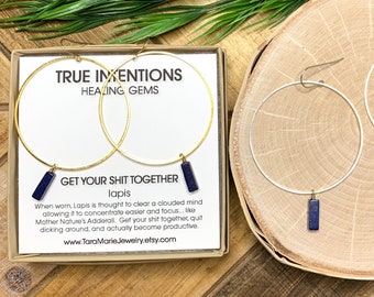 Dangle Hoop Earrings in Lapis "Get Your Shit Together" Large hoops available in silver or gold. Gift Boxed for her with sensitive ears