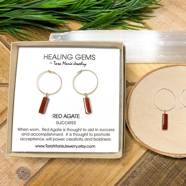 Dainty Huggie Hoop Earrings in Red Agate "Success" 14k Gold Filled or Sterling Silver for sensitive ears. Christmas gift for her.