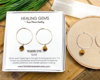 Faceted Dangle Hoop Earrings in Tigers Eye for Luck. Medium hoops available in silver or gold. Gift Boxed.