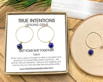 Faceted Dangle Hoop Earrings in Lapis "Get Your Shit Together". Medium hoops available in silver or gold. Funny gift for her. Sensitive Skin