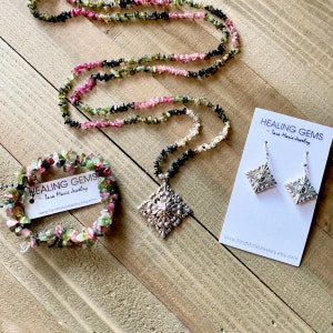 Mini Multi Colored Tourmaline beaded chips long necklace with matching stretch bracelet and sterling silver earrings. Gift Set for Her.