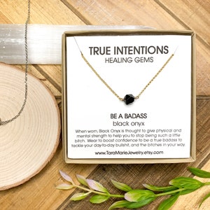 Faceted Black Onyx &quot;Be a Badass&quot;  Sterling Silver or Gold Filled Healing Gem dainty necklace  Funny Gift for her. Sensitive Skin
