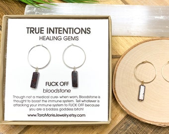 Dainty Huggie Hoop Earrings in Bloodstone "Fuck Off" 14k Gold Filled or Sterling Silver for sensitive ears. Funny gift for her. Care Package