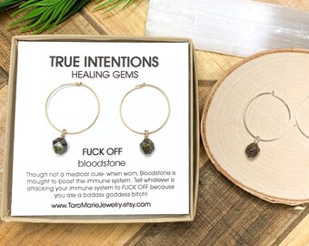 Faceted Dangle Hoop Earrings in Bloodstone "Fuck Off" 14k Gold Filled or Sterling Silver for sensitive skin. Funny Gift for her