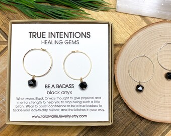 Faceted Dangle Hoop Earrings in Black Onyx "Be a Badass" in Sterling Silver of 14k Gold Filled for sensitive ears. Funny Gift for Her
