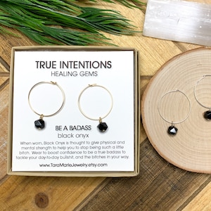 Faceted Dangle Hoop Earrings in Black Onyx &quot;Be a Badass&quot; in Sterling Silver of 14k Gold Filled for sensitive ears. Funny Gift for Her