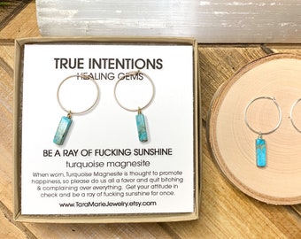 Dainty Huggie Hoop Earrings in Turquoise Magnesite "Be a Ray of Fucking Sunshine". 14k Gold Filled or Sterling Silver. Funny gift for her
