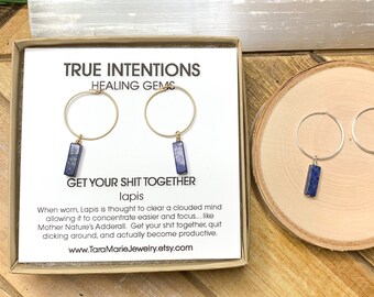 Dainty Huggie Hoop Earrings in Lapis "Get Your Shit Together" 14k Gold Filled or Sterling Silver for Sensitive Ears. Funny Gift for Her