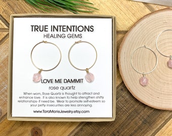 Faceted Dangle Hoop Earrings in Rose Quartz “Love Me Dammit” in Sterling Silver or 14k Gold Filled for sensitive ears. Funny gift for her