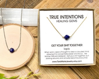 Faceted Lapis "Get Your Shit Together"  Sterling Silver or 14k Gold Filled dainty necklace for sensitive skin.  Funny Gift for her