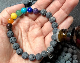 Chakra Essential Oil diffuser Bracelet Natural Unwaxed Black Lava Rock for Vitality with Genuine Gemstones. Gift Boxed w/ Meaning