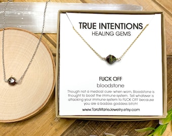 Faceted Bloodstone "Fuck Off" dainty healing necklace in Sterling Silver or Gold Filled. Funny Gift for her for sensitive skin.