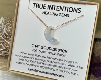 Witchy Crescent Moon Rainbow Moonstone dainty necklace “That Goddess Bitch” in Sterling Silver or 14k Gold Filled. Gift for her.