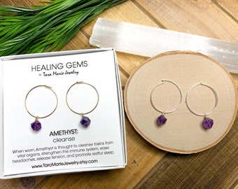 Faceted Dangle Hoop Earrings in Amethyst to Cleanse. Medium hoops a in silver or gold. Gift for her. Game day jewelry for Sensitive skin